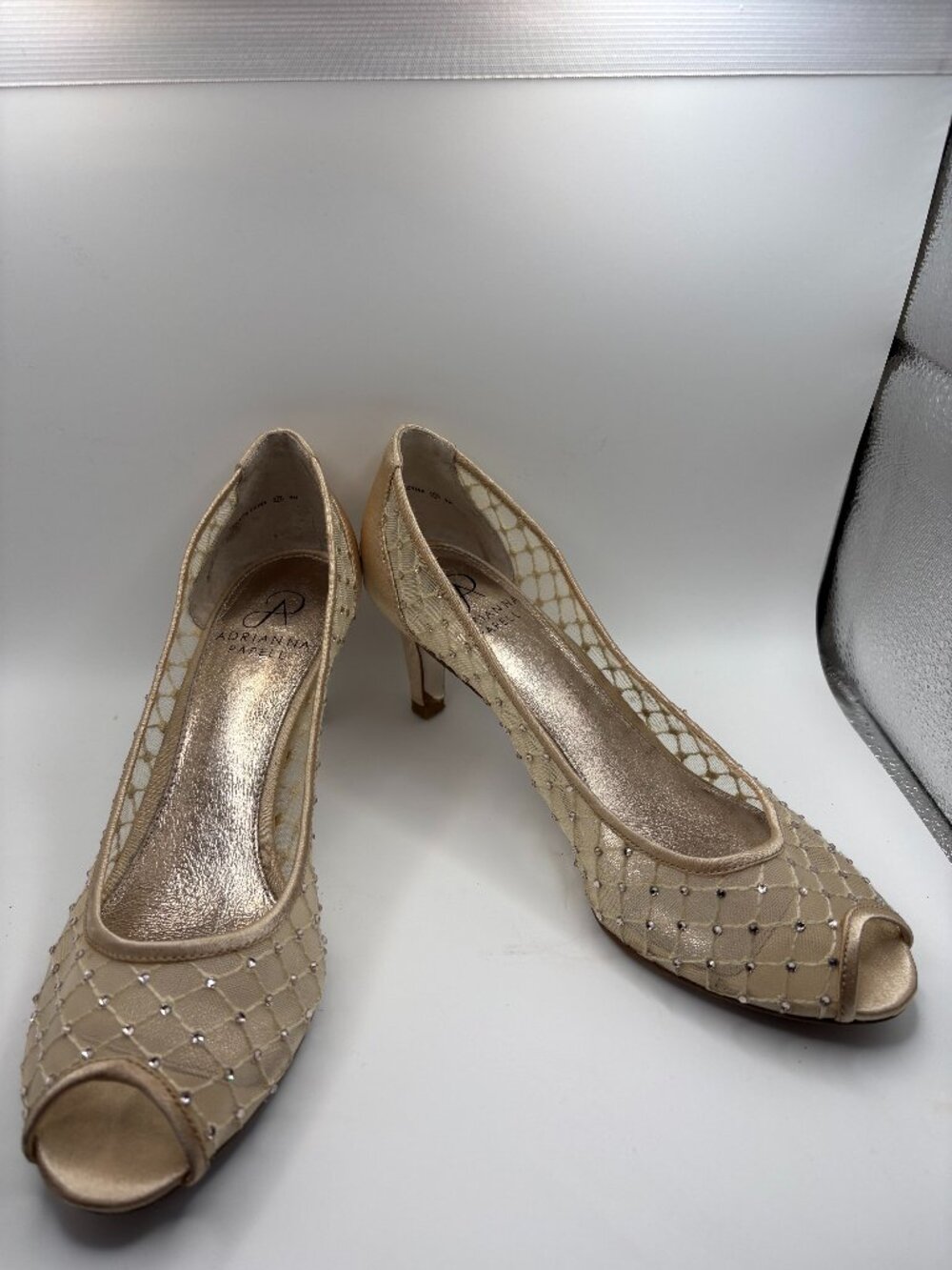 Adrianna Papell Champagne Mesh Rhinestone Heels 7.5 Peep Toe Formal Wedding Shoe